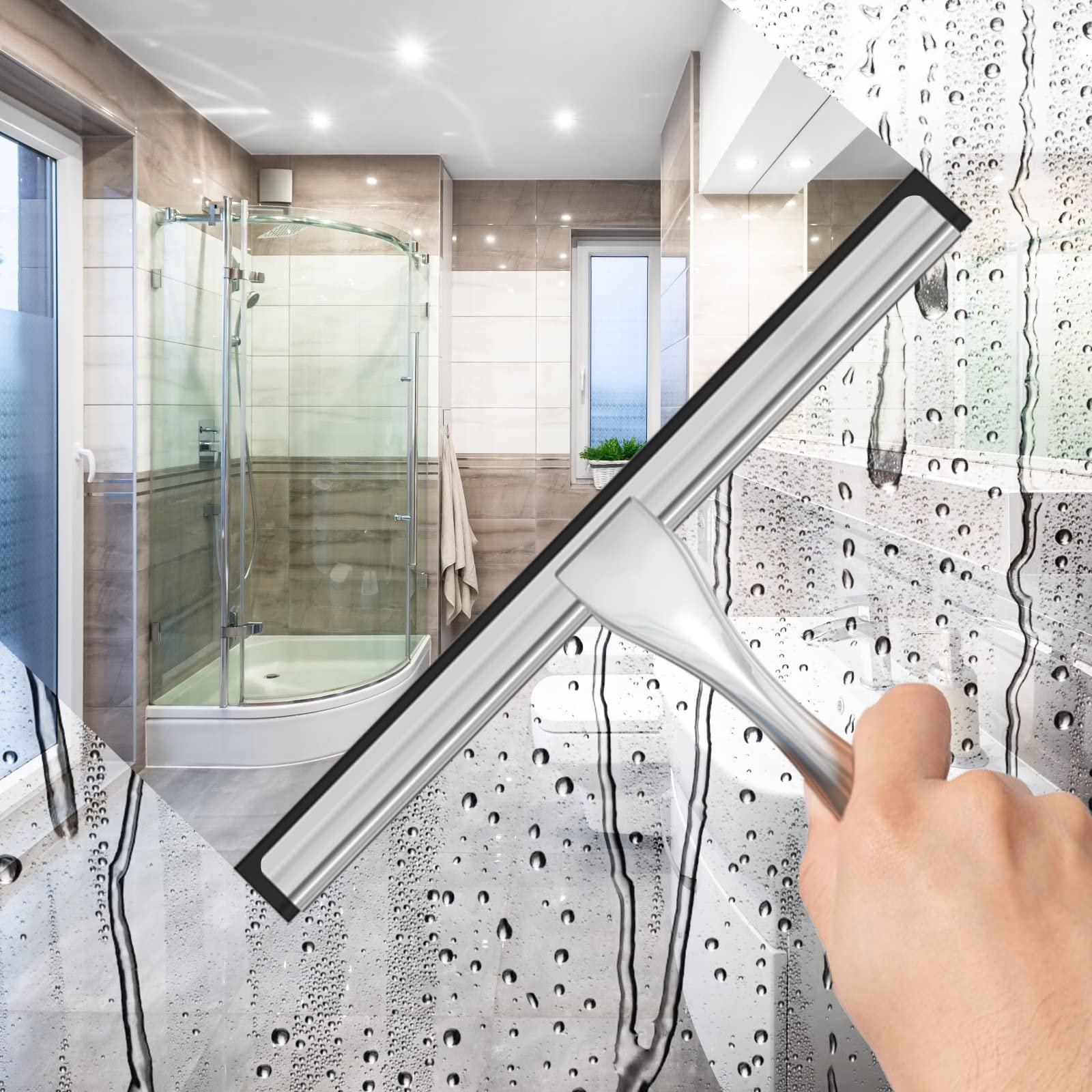 All-Purpose Stainless Steel Shower Squeegee for Shower Glass Door with 2 Adhesive Hooks, Bathroom Cleaner Tool Household Window Mirror Squeegee , Cleaning Tile Wall, Car, 10 Inch Silver - Image 3