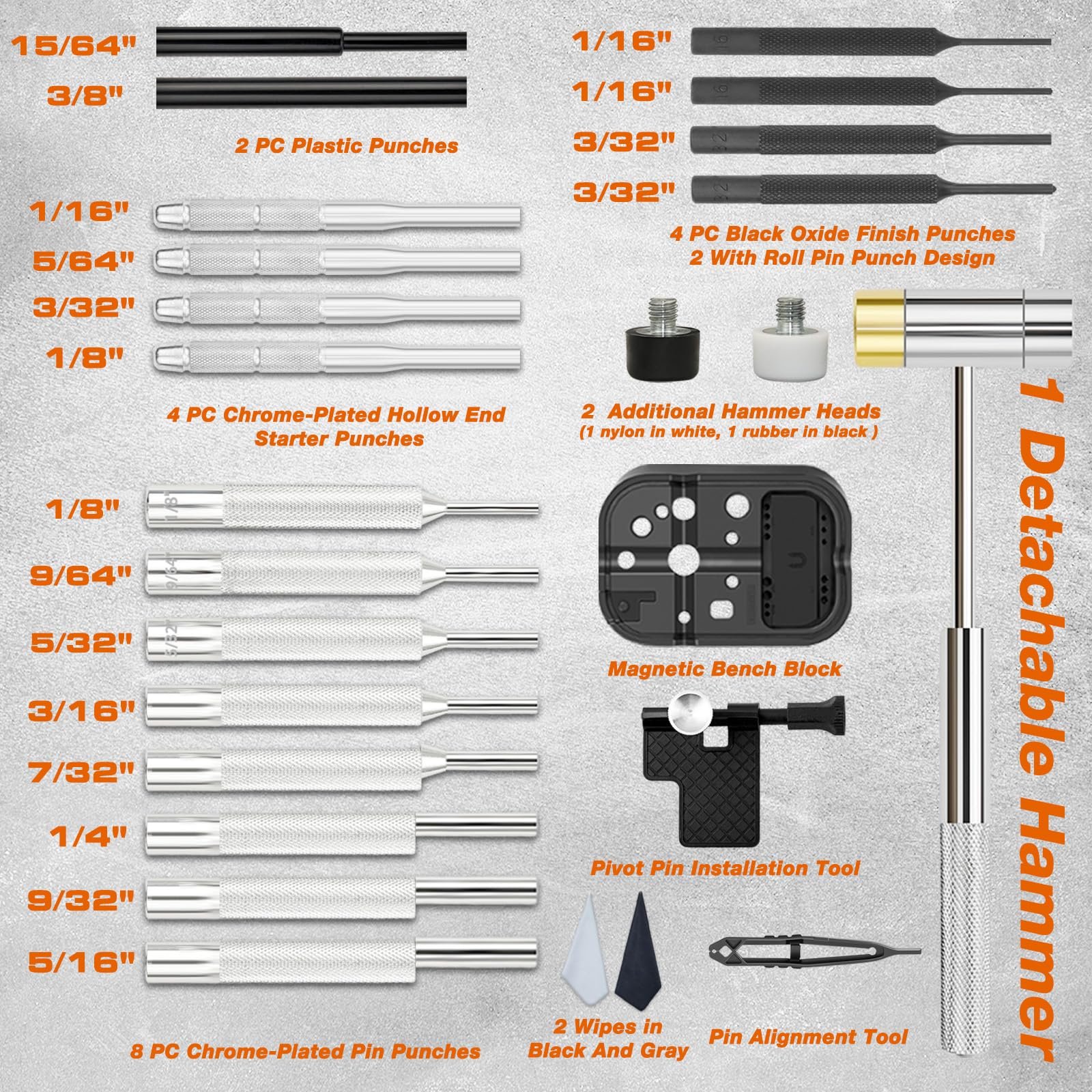 BESTNULE 26pc Roll Pin Punch Set with Bench Block & Pivot Pin Tool & Hammer - Image 3