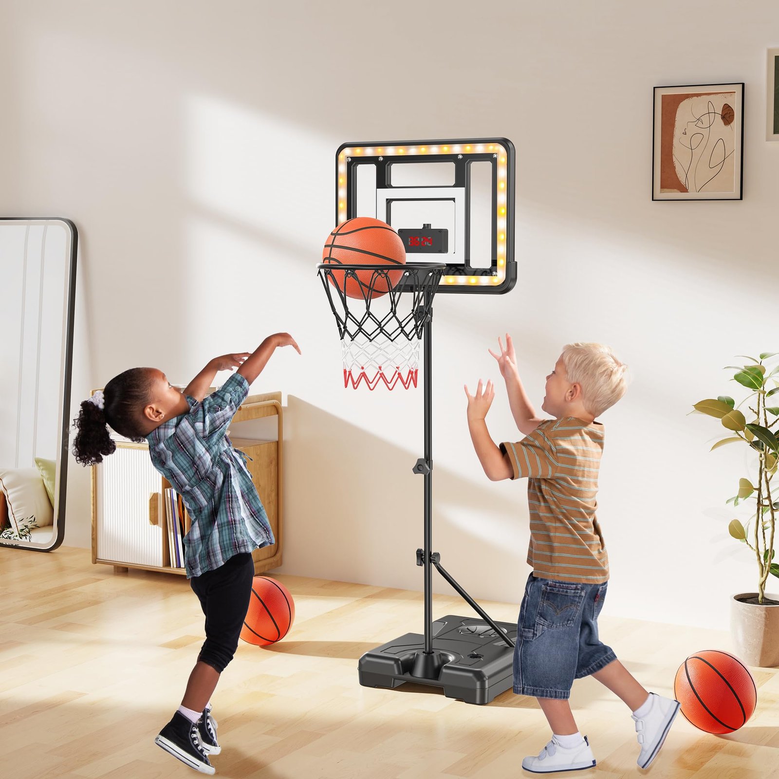 Kids Indoor Basketball Hoop with Scoreboard & Timer,Toddler Adjustable Height 3ft-5.8ft Basketball Hoop with Stand Goal Toy for Outdoor Backyard,Sports Game Play for Boys Age 3 4 5 6 7 8 - Image 7
