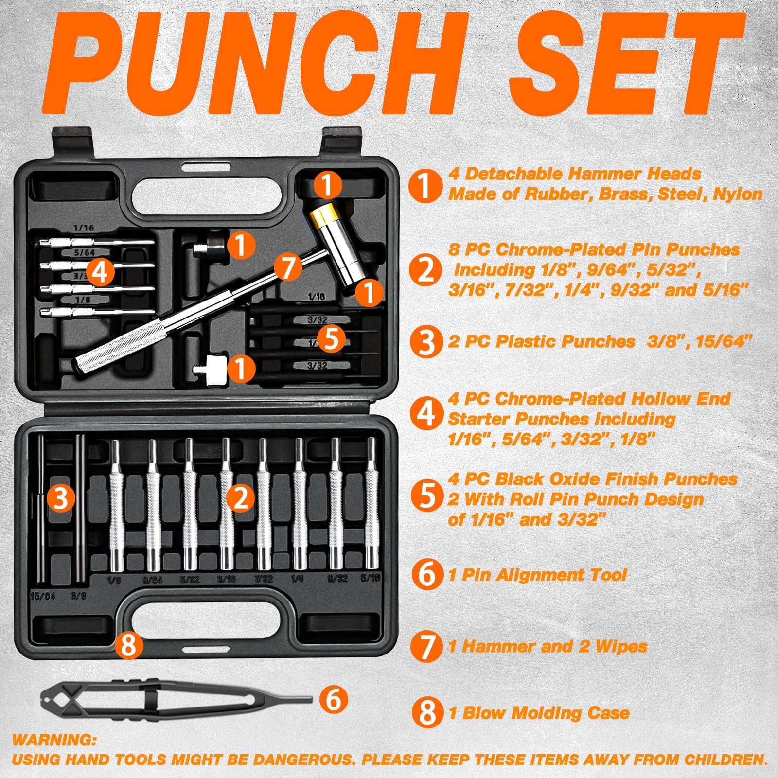 BESTNULE 26pc Roll Pin Punch Set with Bench Block & Pivot Pin Tool & Hammer - Image 2