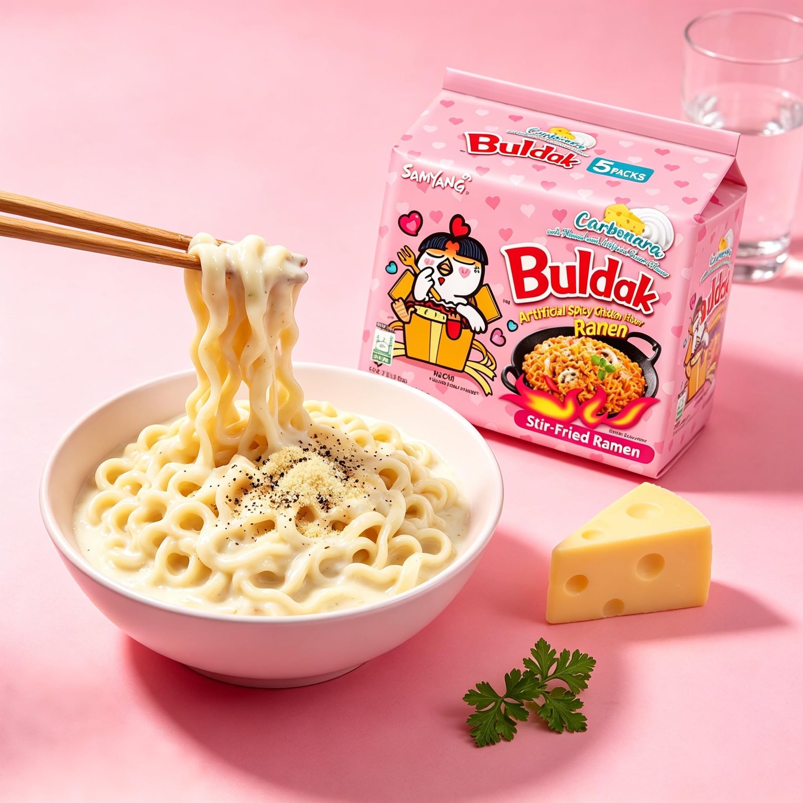 Samyang Buldak Spicy Ramen, Hot Chicken Ramen, Korean Stir-Fried Instant Noodle, Carbonara, 1 Bag with 5 Pack - Image 4