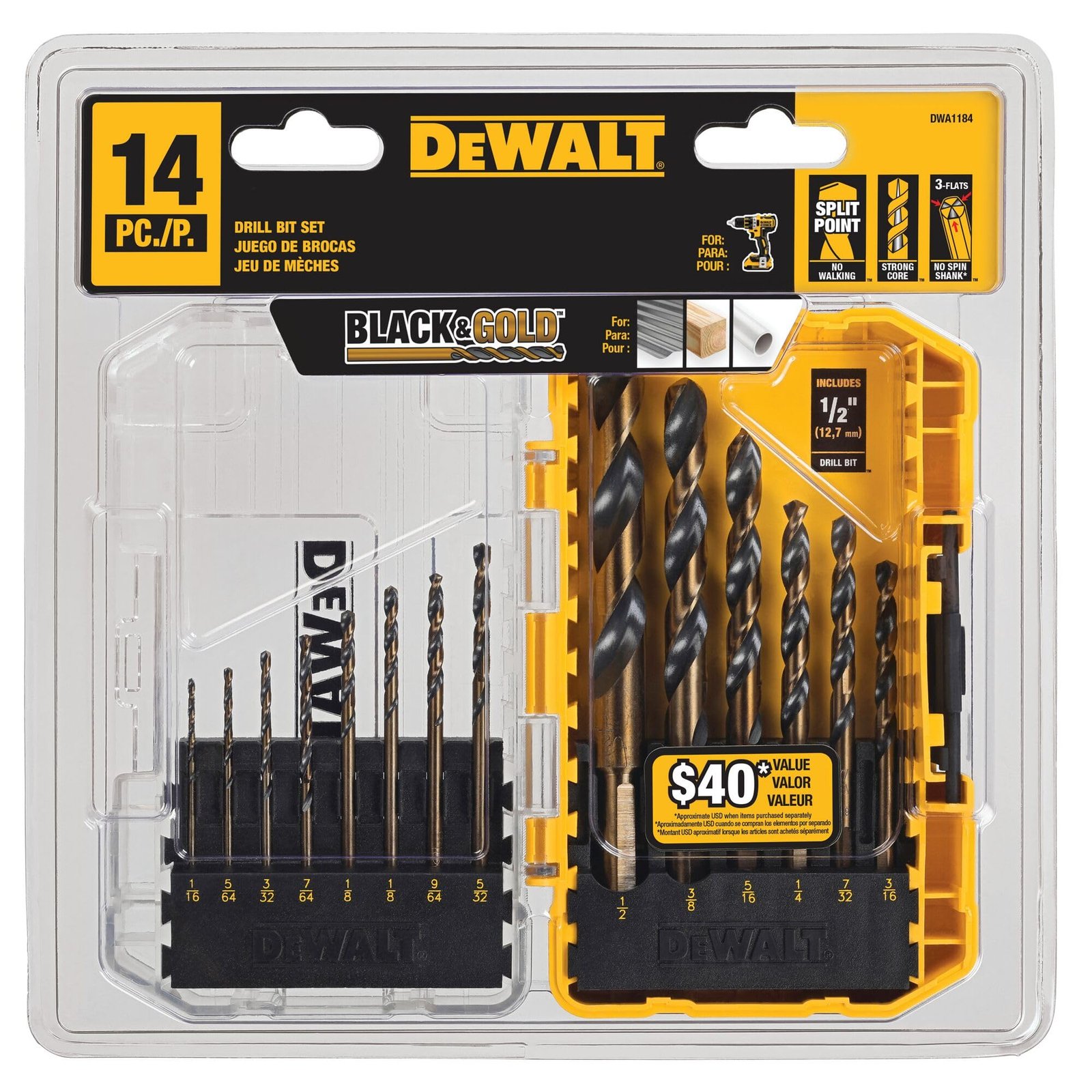 DEWALT Drill Bit Set, 3-Flats Shank,14-Piece, 135 Degree Split Point, for Plastic, Wood and Metal (DWA1184) - Image 5