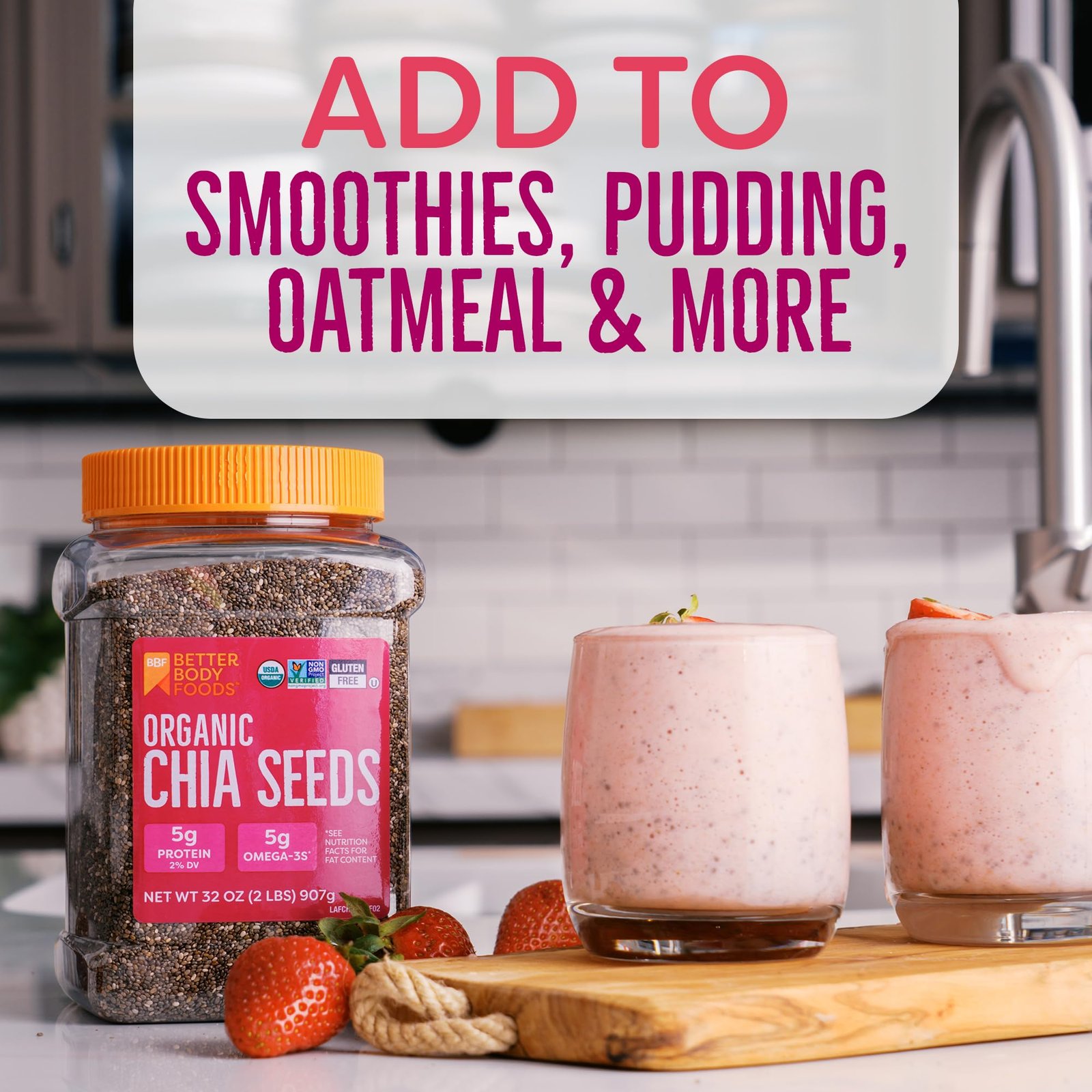 BBF Organic Chia Seeds 32 Oz, Omega-3 & Fiber, Pudding, Smoothies, Oatmeal - Image 3