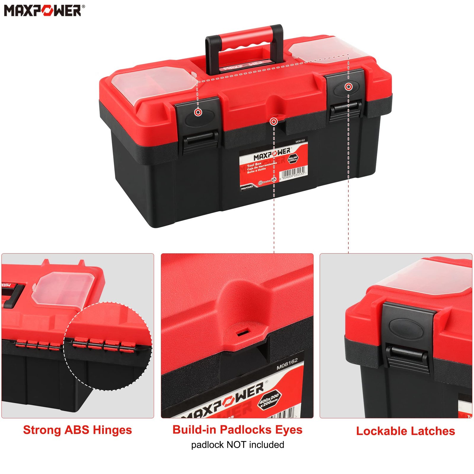 MAXPOWER Tool Box 16 inch, Plastic Small Tool Box with Latch Removable Tray - Image 3