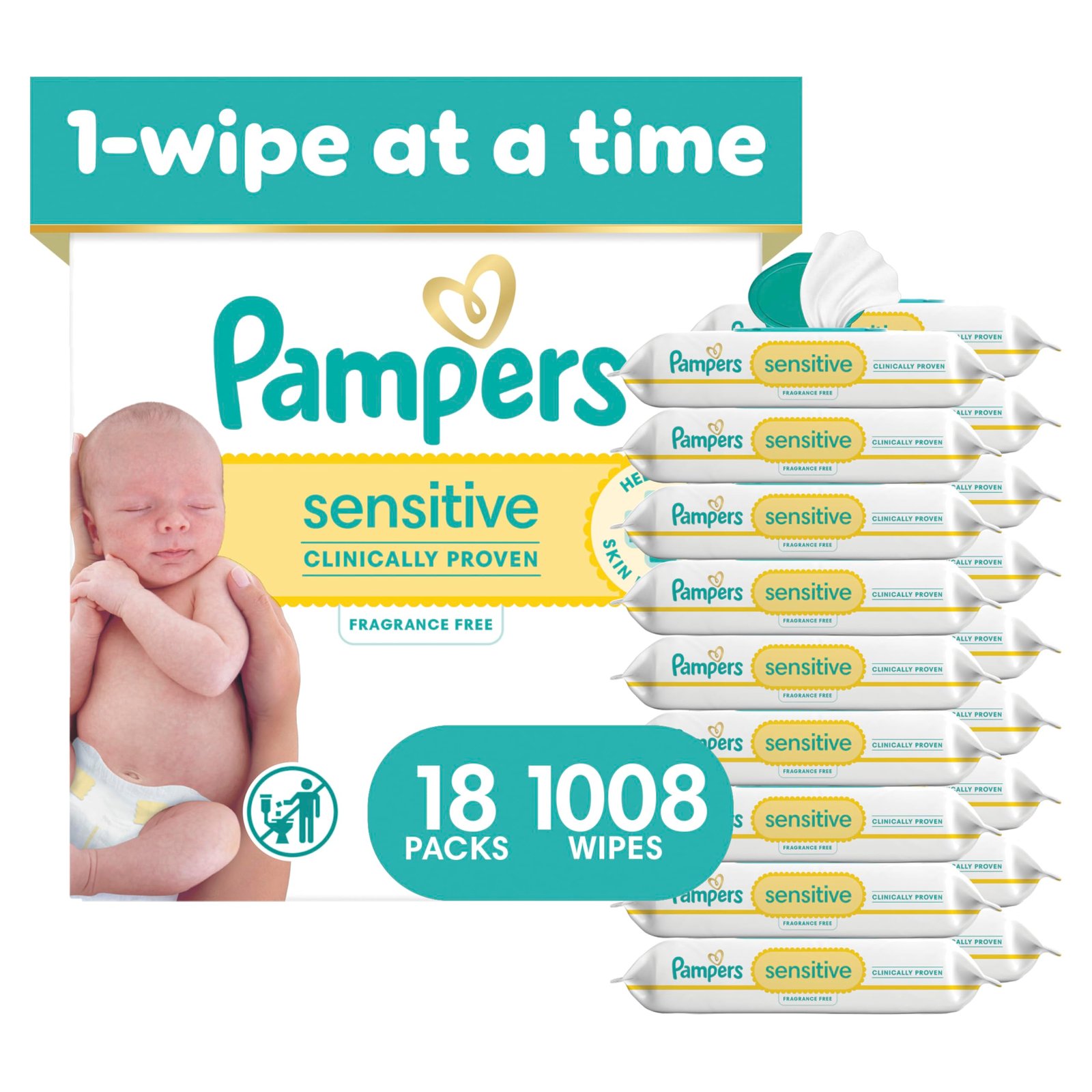 Pampers Sensitive Baby Wipes, Unscented, Fragrance Free, Clinically Proven, Water Based, Hypoallergenic, Multi-Use, Hand Wipes, 1008 Wipes Total (18X Flip-Top Packs)