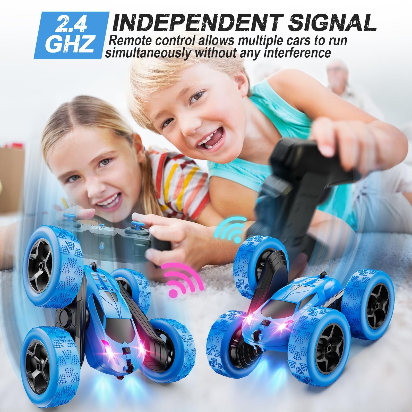 QUNREDA Remote Control Car, RC Cars Toys for Kids Ages 6-12, 4WD Stunt Car with LED Lights & 360° Flips, 2.4GHz, Upgraded USB-C Modular Batteries, 8-10 Year Old Boys Birthday Gift 1-Blue - Image 3