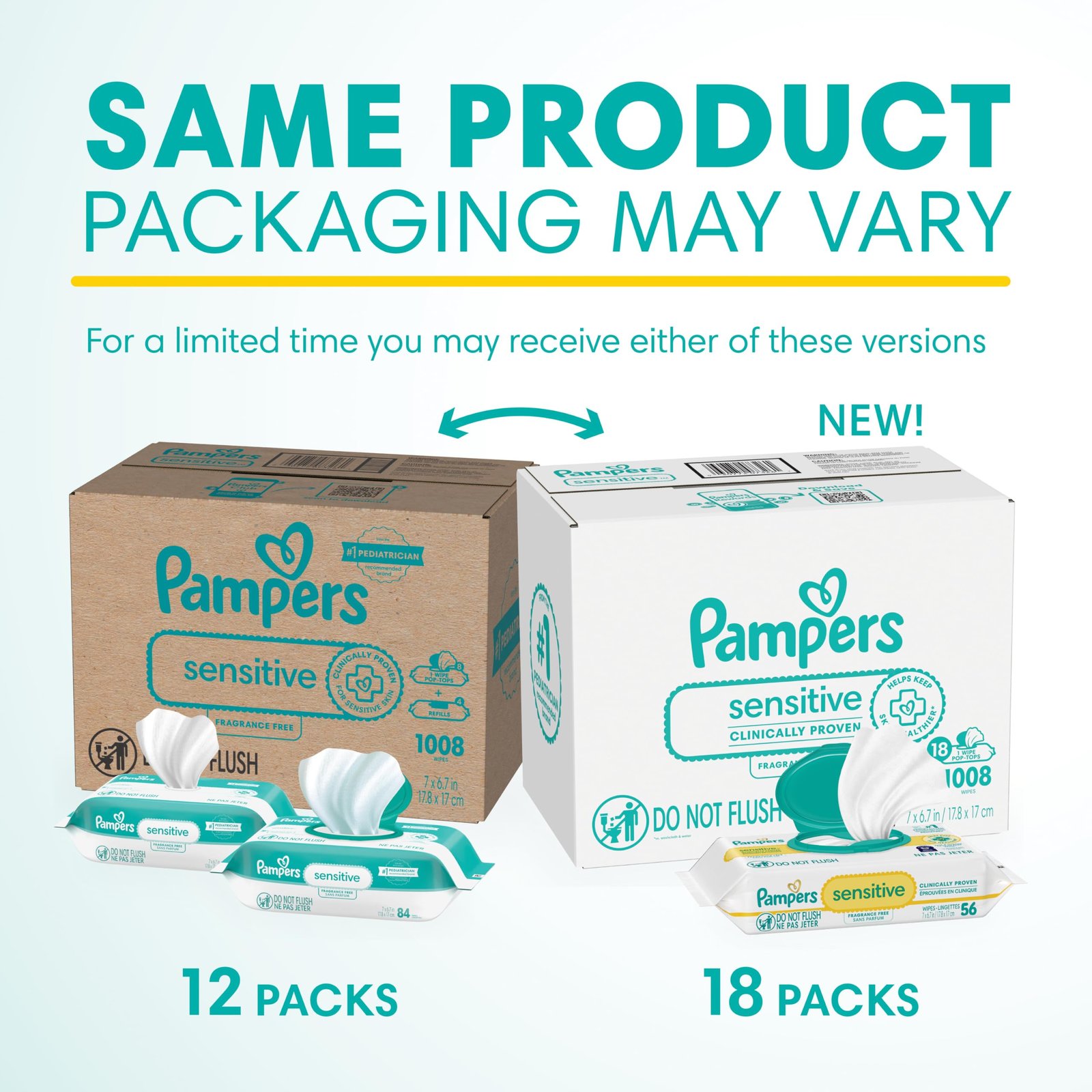 Pampers Sensitive Baby Wipes, Unscented, Fragrance Free, Clinically Proven, Water Based, Hypoallergenic, Multi-Use, Hand Wipes, 1008 Wipes Total (18X Flip-Top Packs) - Image 2