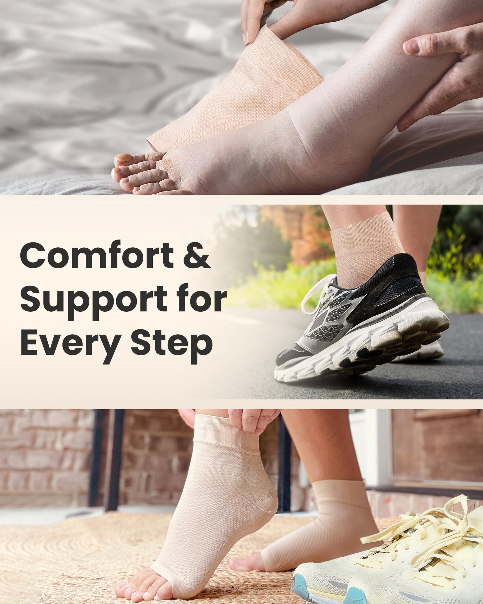 KEMFORD Ankle Compression Sleeve - 1-Pair, Plantar Fasciitis Braces - Open Toe Compression Socks for Swelling, Sprain, Neuropathy, Foot Arch Support for Men and Women - 20-30mmhg, M, Beige - Image 6