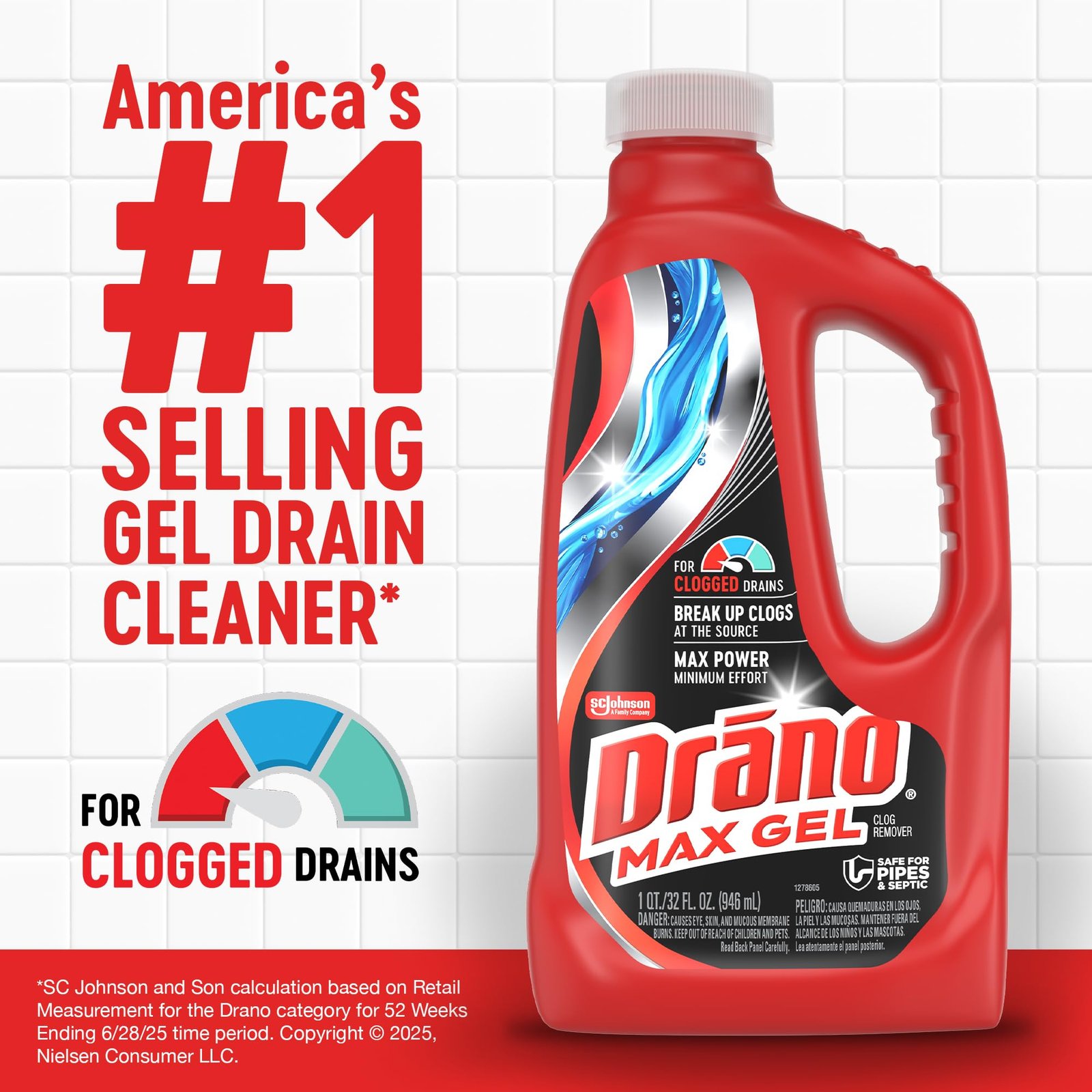 Drano Max Gel Drain Clog Remover & Cleaner, Safe for All Pipes/Septic, 32oz - Image 3