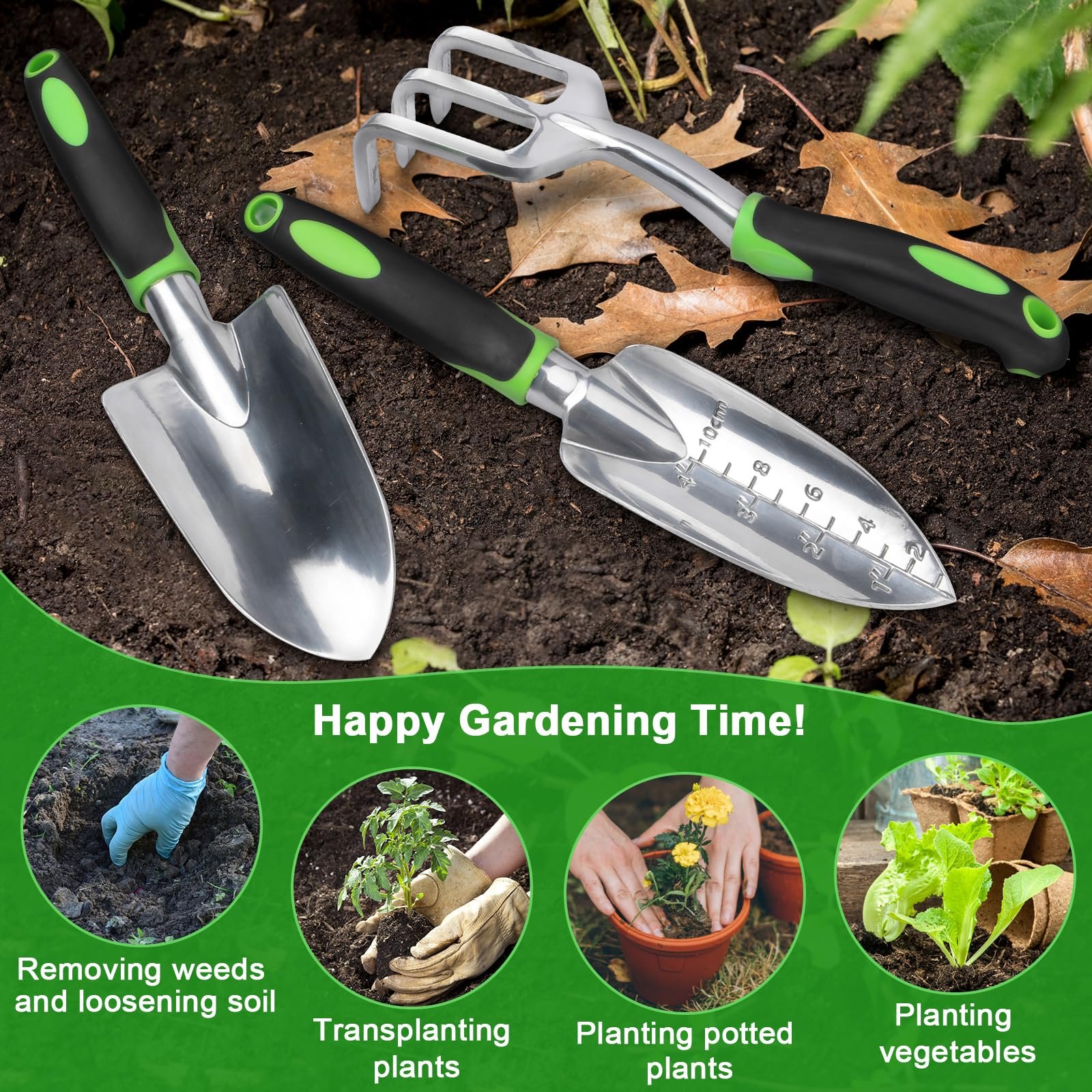 Garden Tools Set, 3 Pack Garden Shovel, Transplant Trowel, Hand Rake Green - Image 7