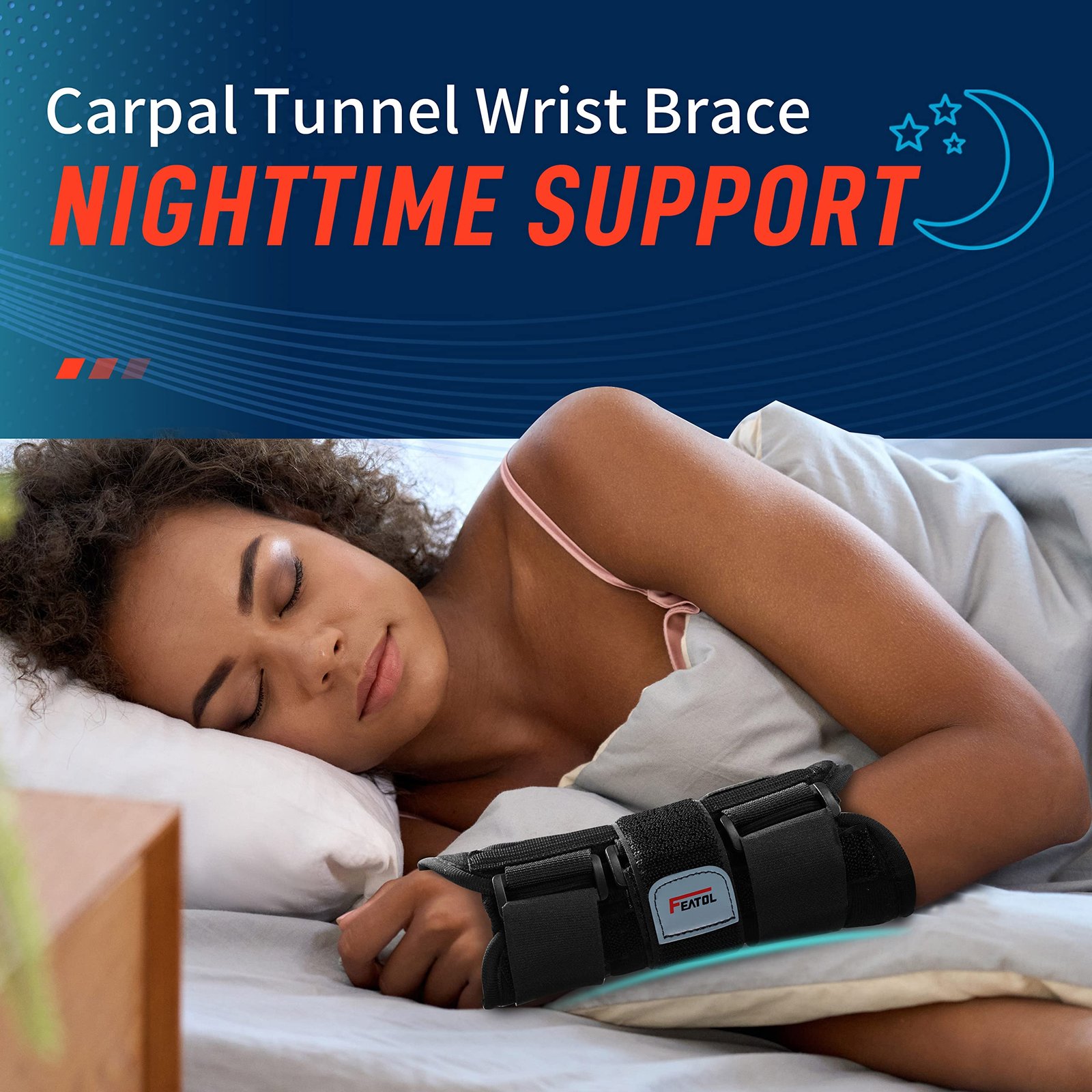 FEATOL Carpal Tunnel Wrist Brace Night Support, Adjustable Right Hand Brace - Image 2