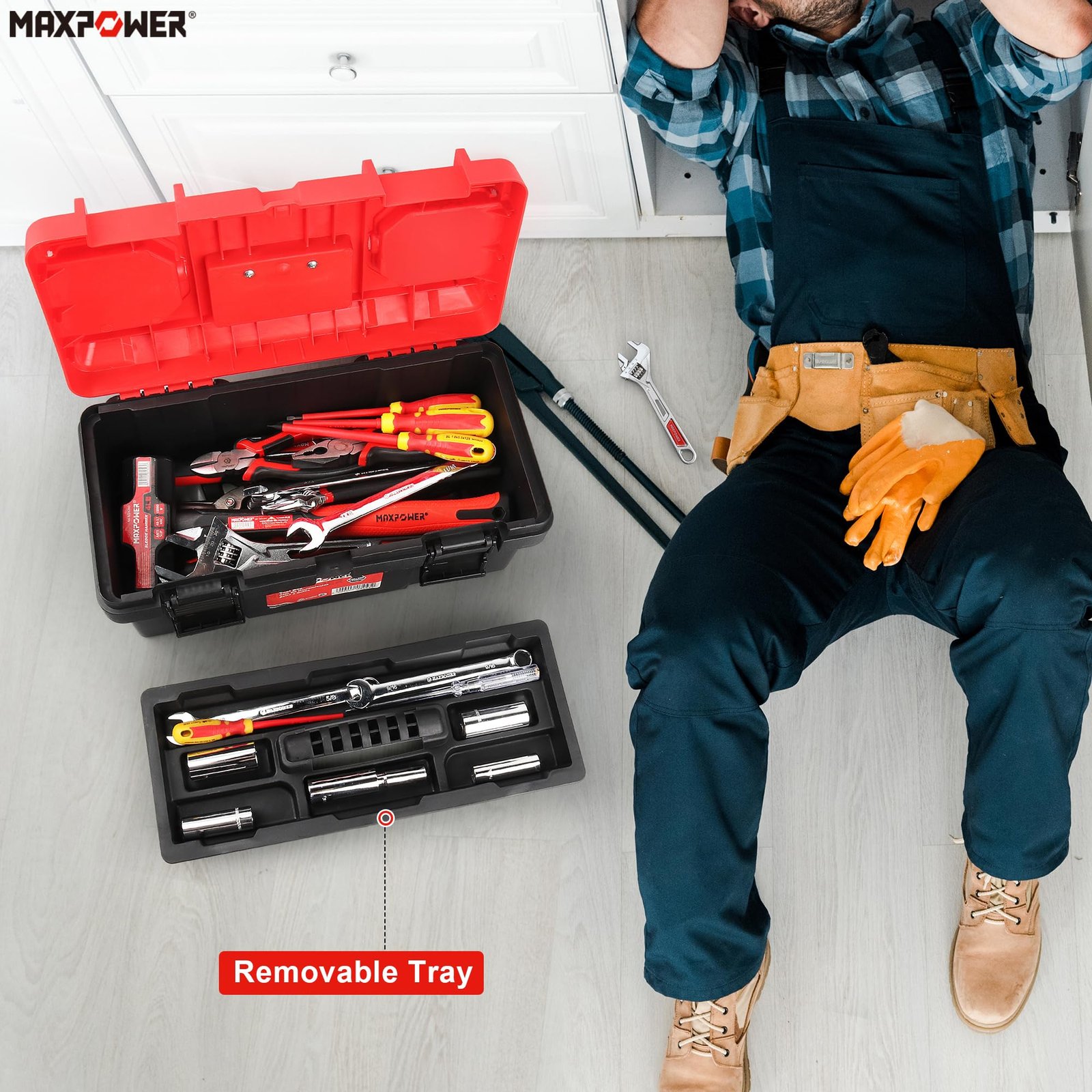 MAXPOWER Tool Box 16 inch, Plastic Small Tool Box with Latch Removable Tray - Image 7