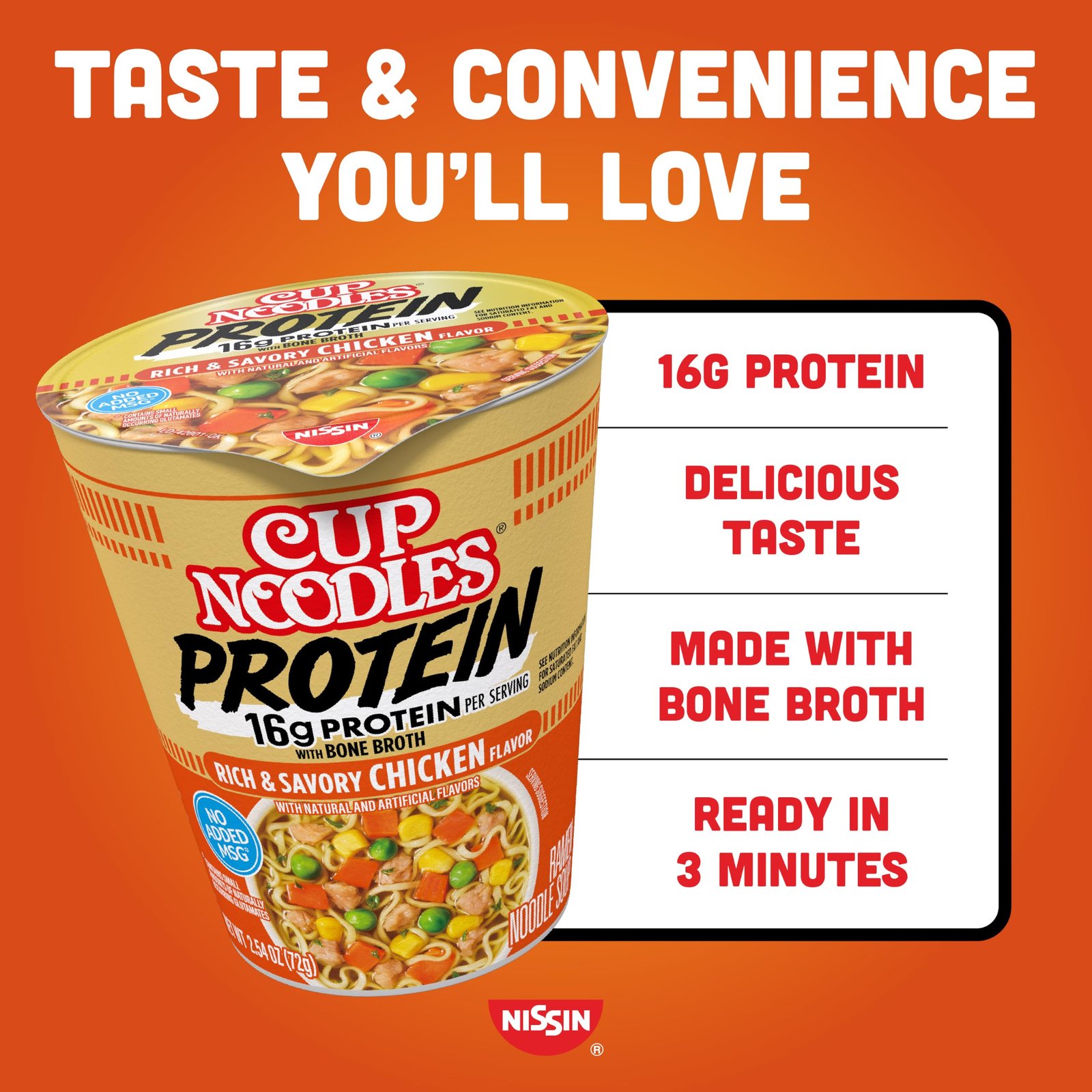 Nissin Cup Noodles Protein Ramen, Chicken Flavor with Bone Broth, 16g Protein, 2.54 Ounce Cup (Pack of 6) - Image 3