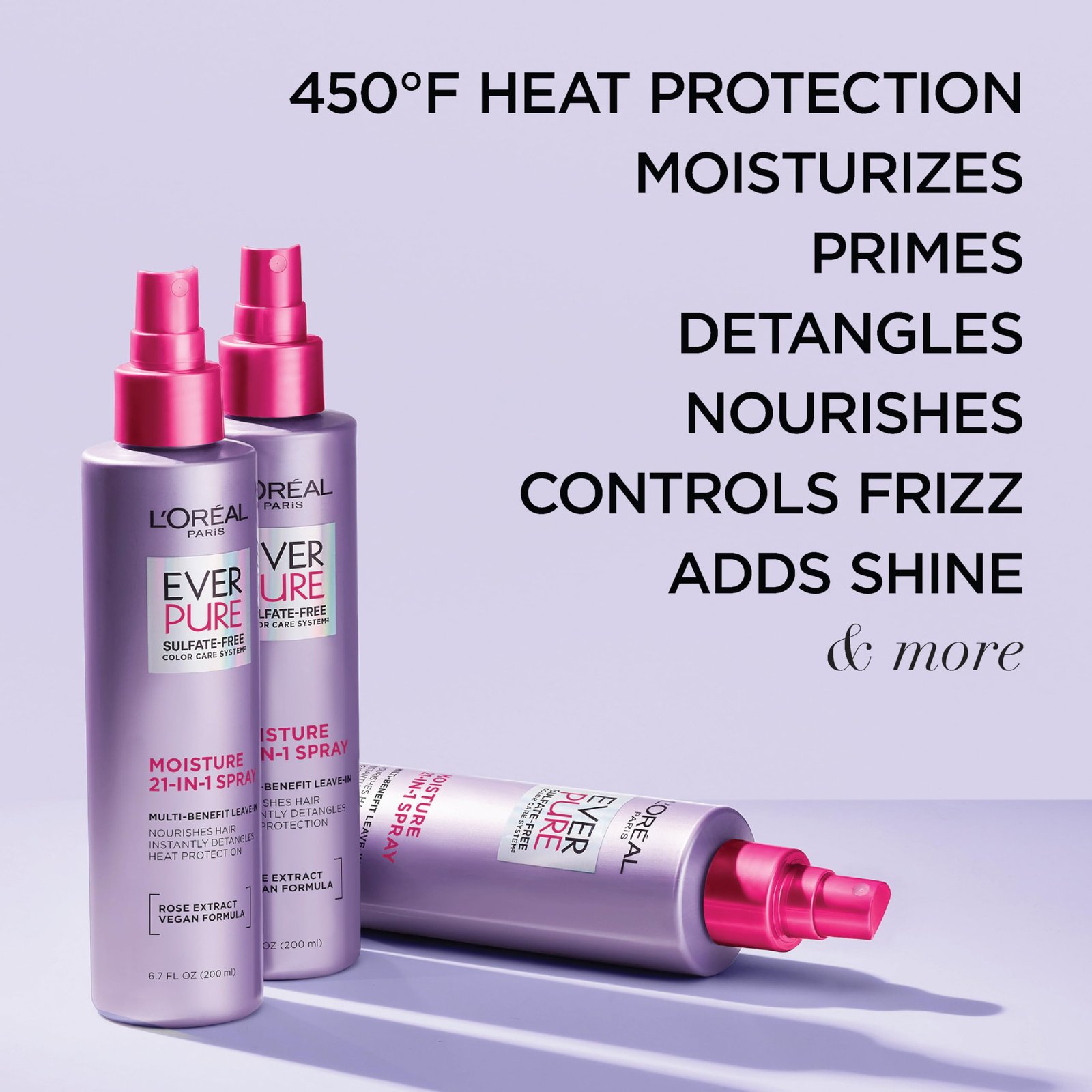 L'Oreal Paris EverPure Moisture 21-in-1 Leave In Conditioner, Multi-Benefit Heat Protectant Spray for Hair Up to 450°F, Detangling Frizz Control for Color Treated, Dry, or Damaged Hair, 6.7 Fl Oz - Image 2