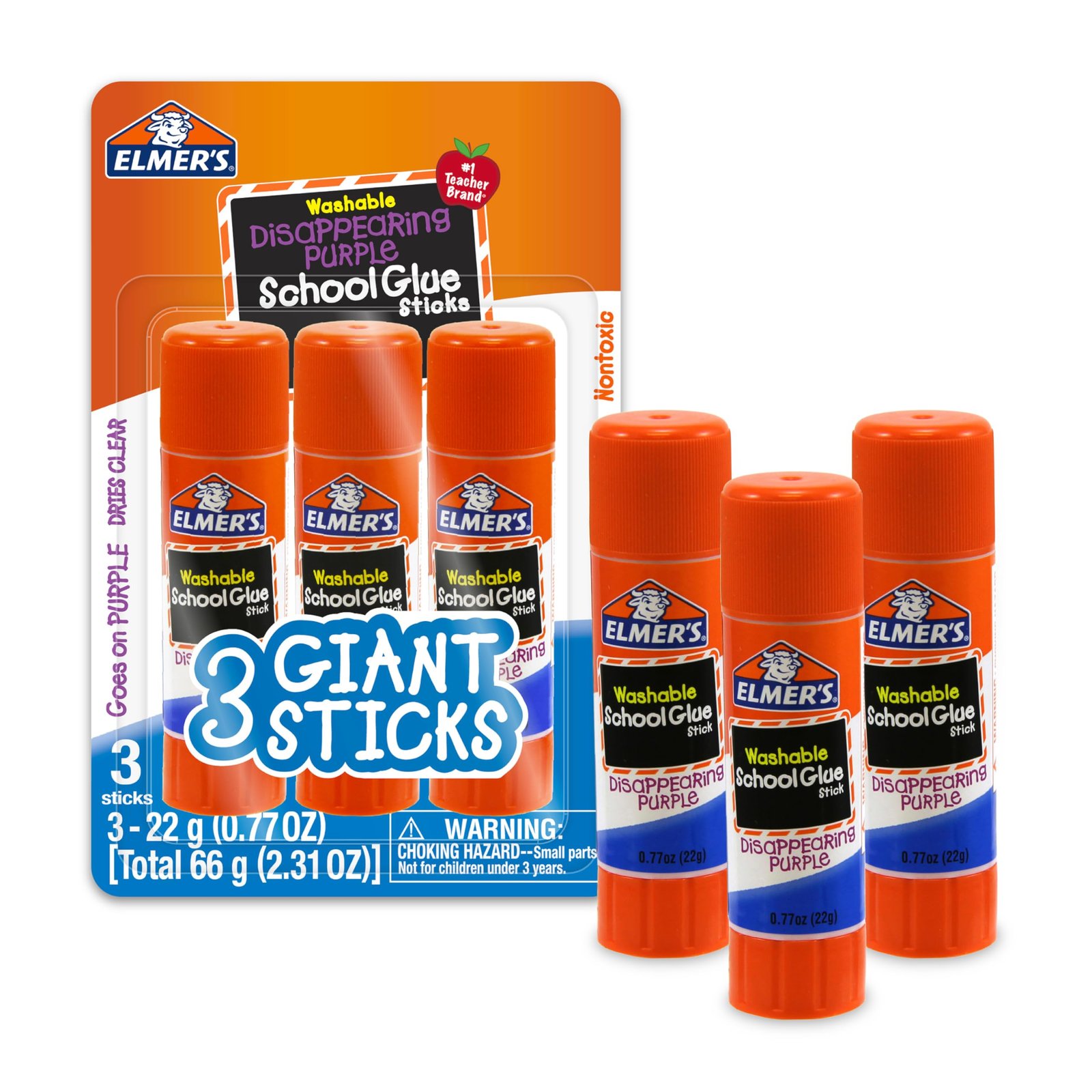 Elmer's Disappearing Purple School Glue Sticks, Washable, 22 Grams, 3 Count - Poster, Vision Board, Back to School Supplies, #1 Teacher Brand