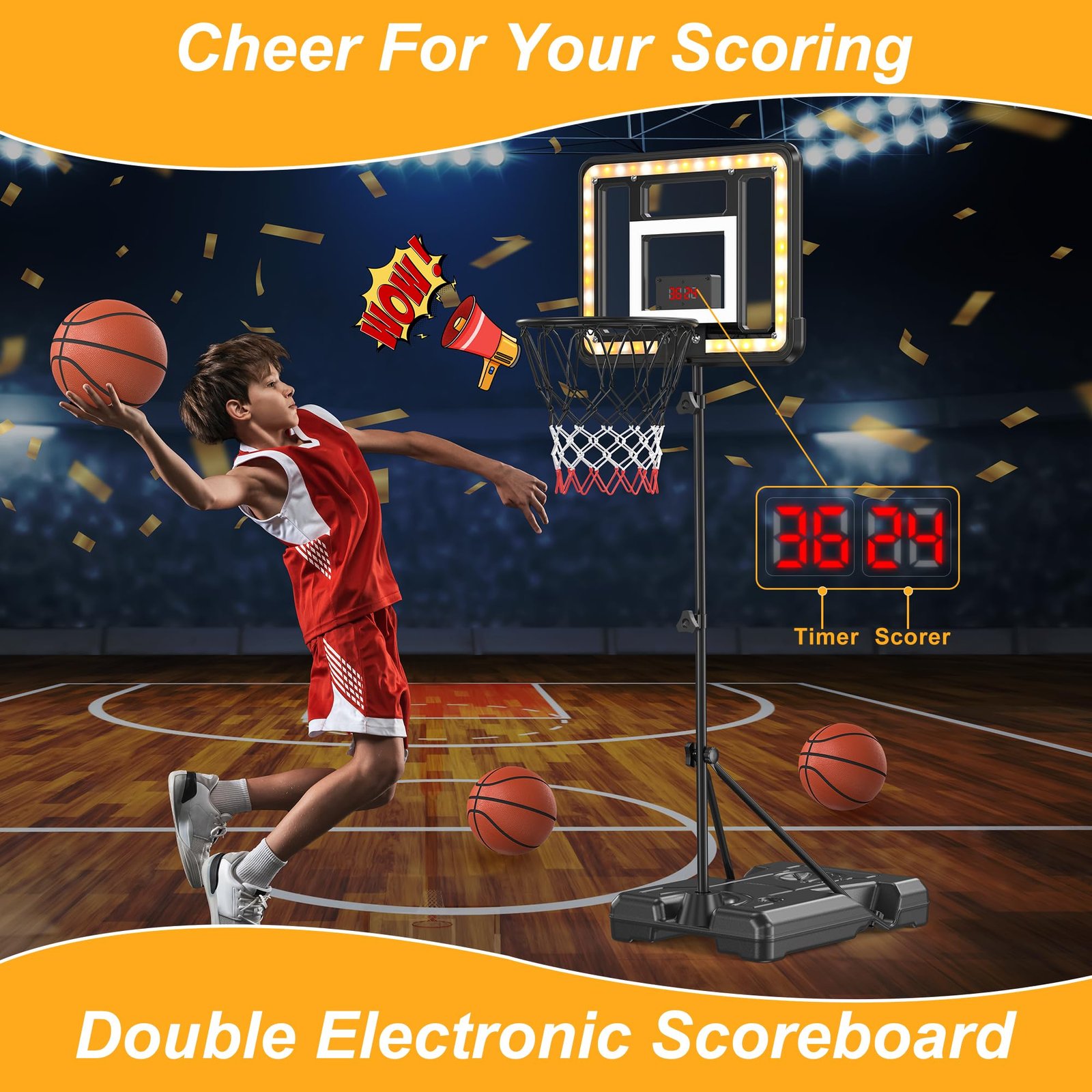 Kids Indoor Basketball Hoop with Scoreboard & Timer,Toddler Adjustable Height 3ft-5.8ft Basketball Hoop with Stand Goal Toy for Outdoor Backyard,Sports Game Play for Boys Age 3 4 5 6 7 8 - Image 3