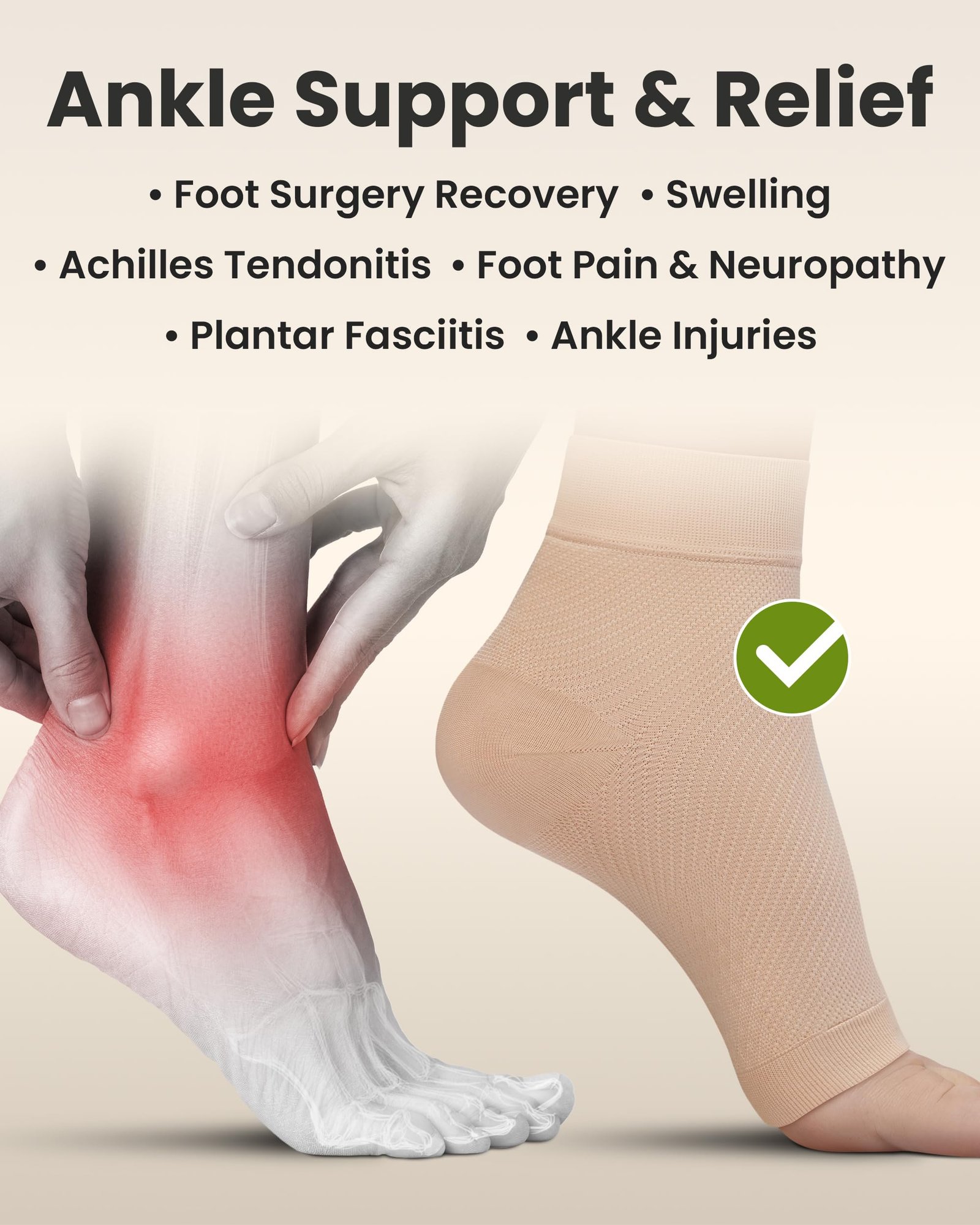 KEMFORD Ankle Compression Sleeve - 1-Pair, Plantar Fasciitis Braces - Open Toe Compression Socks for Swelling, Sprain, Neuropathy, Foot Arch Support for Men and Women - 20-30mmhg, M, Beige - Image 3