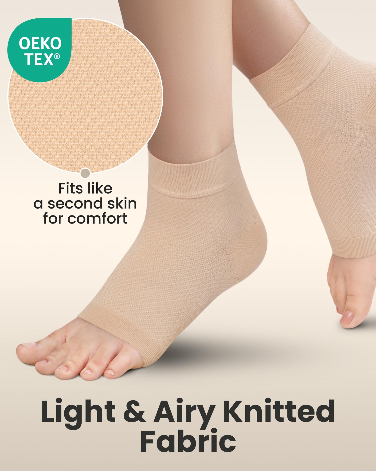 KEMFORD Ankle Compression Sleeve - 1-Pair, Plantar Fasciitis Braces - Open Toe Compression Socks for Swelling, Sprain, Neuropathy, Foot Arch Support for Men and Women - 20-30mmhg, M, Beige - Image 4