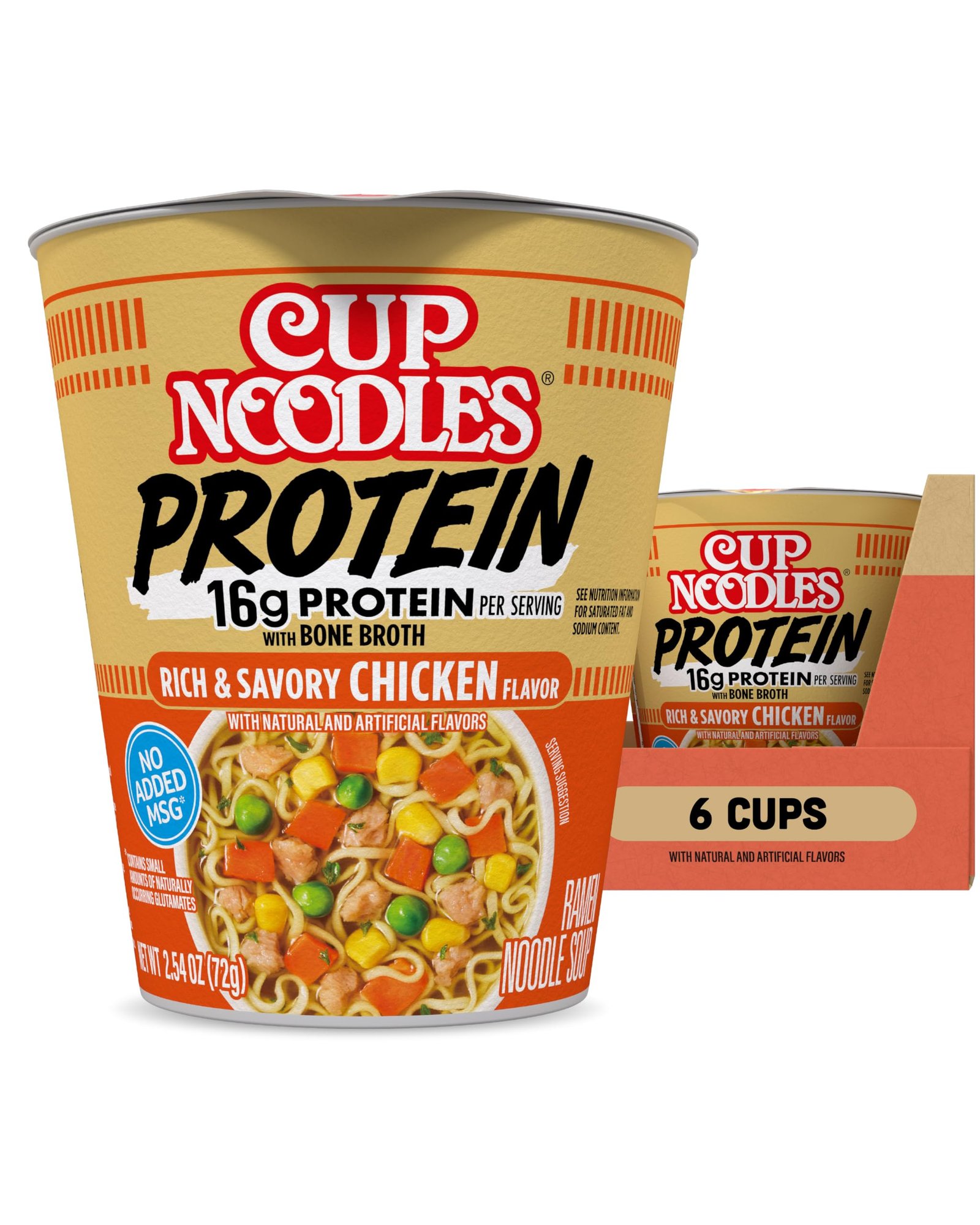 Nissin Cup Noodles Protein Ramen, Chicken Flavor with Bone Broth, 16g Protein, 2.54 Ounce Cup (Pack of 6)