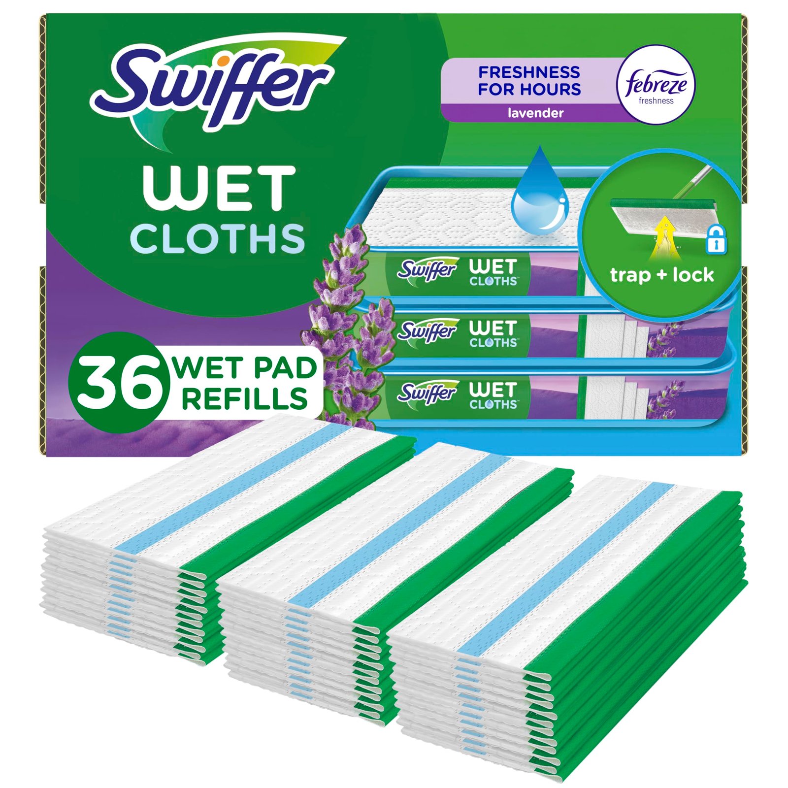 Swiffer Sweeper Wet Mopping Cloth Multi Surface Refills, Mops for Floor Cleaning, Febreze Lavender Scent, 36 Count