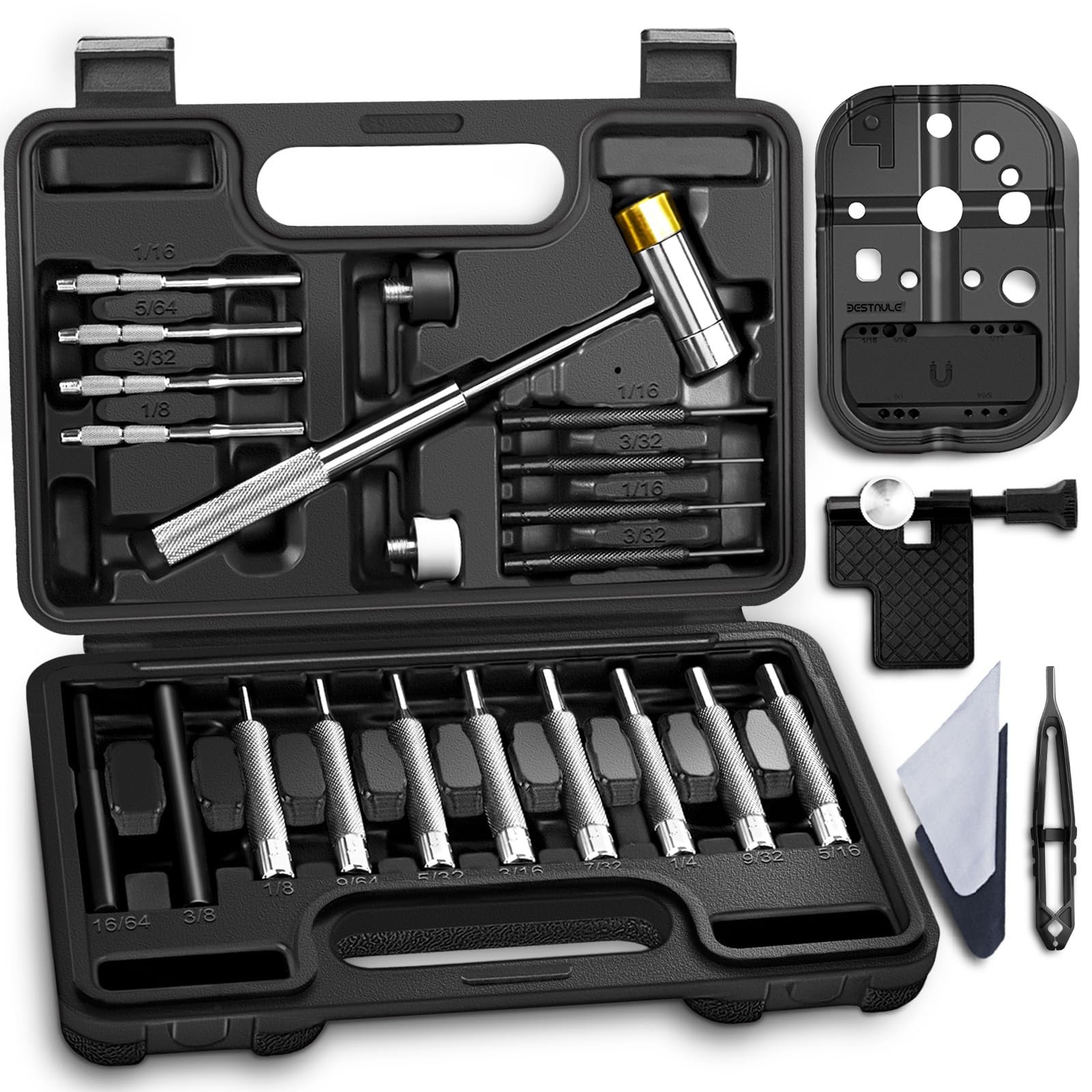 BESTNULE 26pc Roll Pin Punch Set with Bench Block & Pivot Pin Tool & Hammer