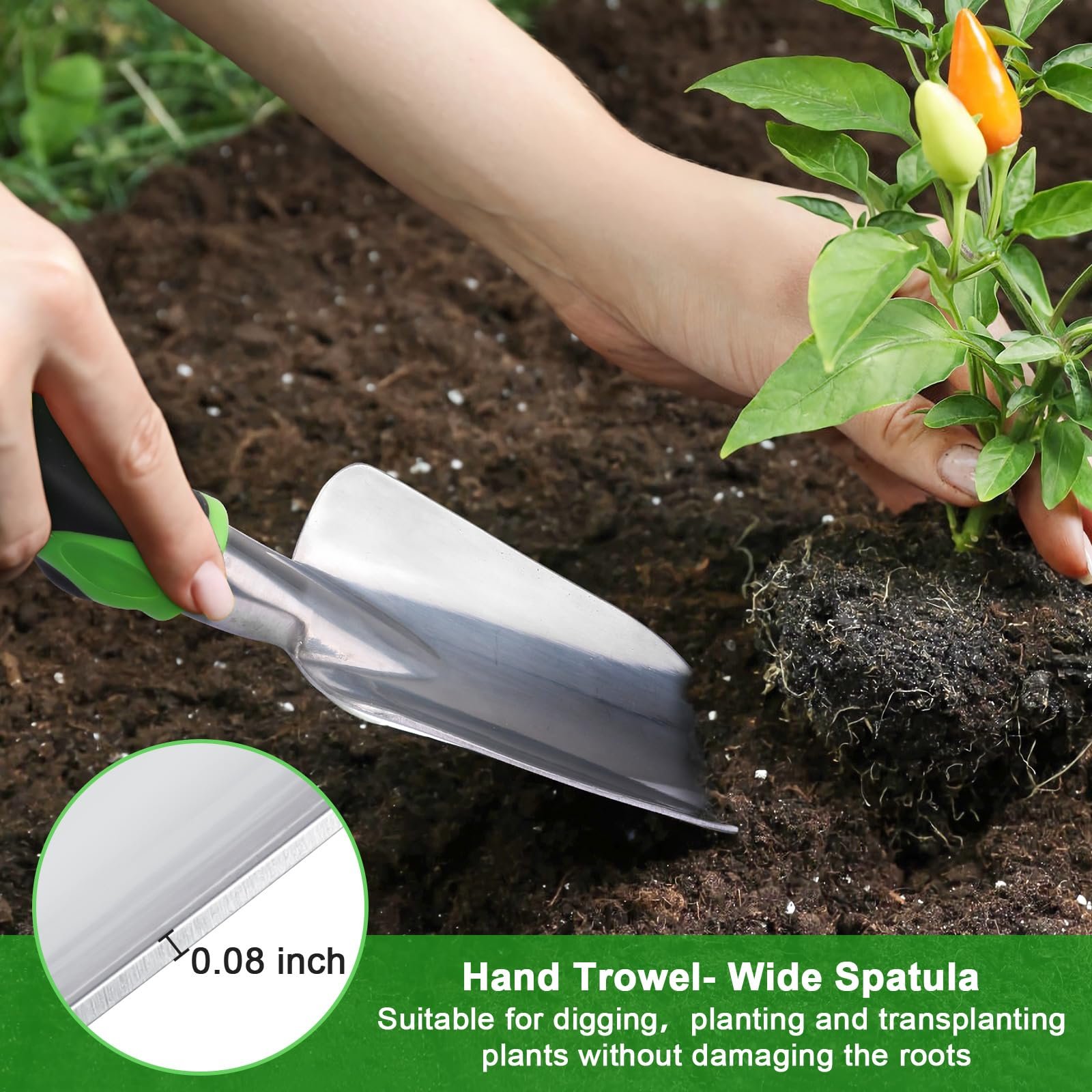 Garden Tools Set, 3 Pack Garden Shovel, Transplant Trowel, Hand Rake Green - Image 4