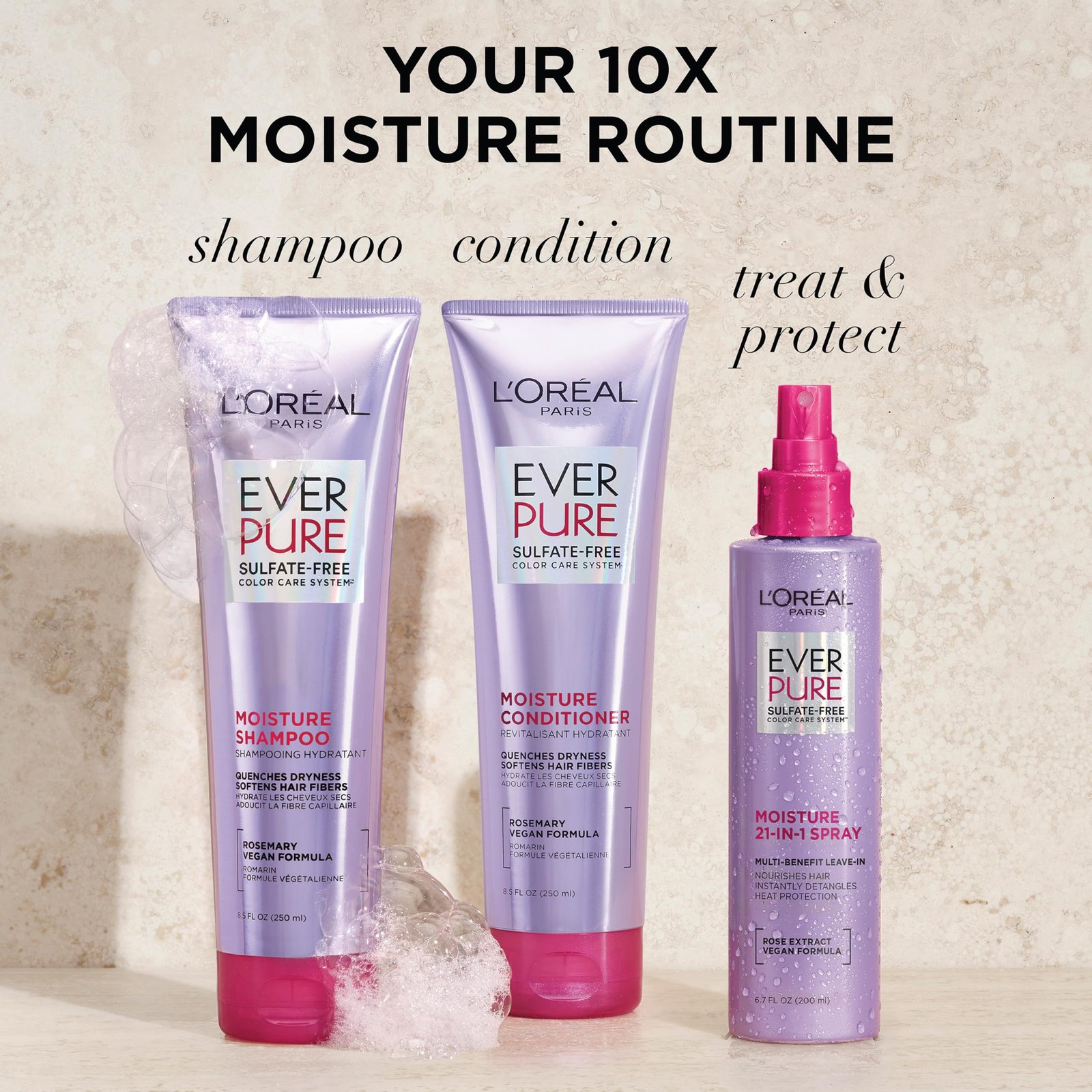 L'Oreal Paris EverPure Moisture 21-in-1 Leave In Conditioner, Multi-Benefit Heat Protectant Spray for Hair Up to 450°F, Detangling Frizz Control for Color Treated, Dry, or Damaged Hair, 6.7 Fl Oz - Image 5